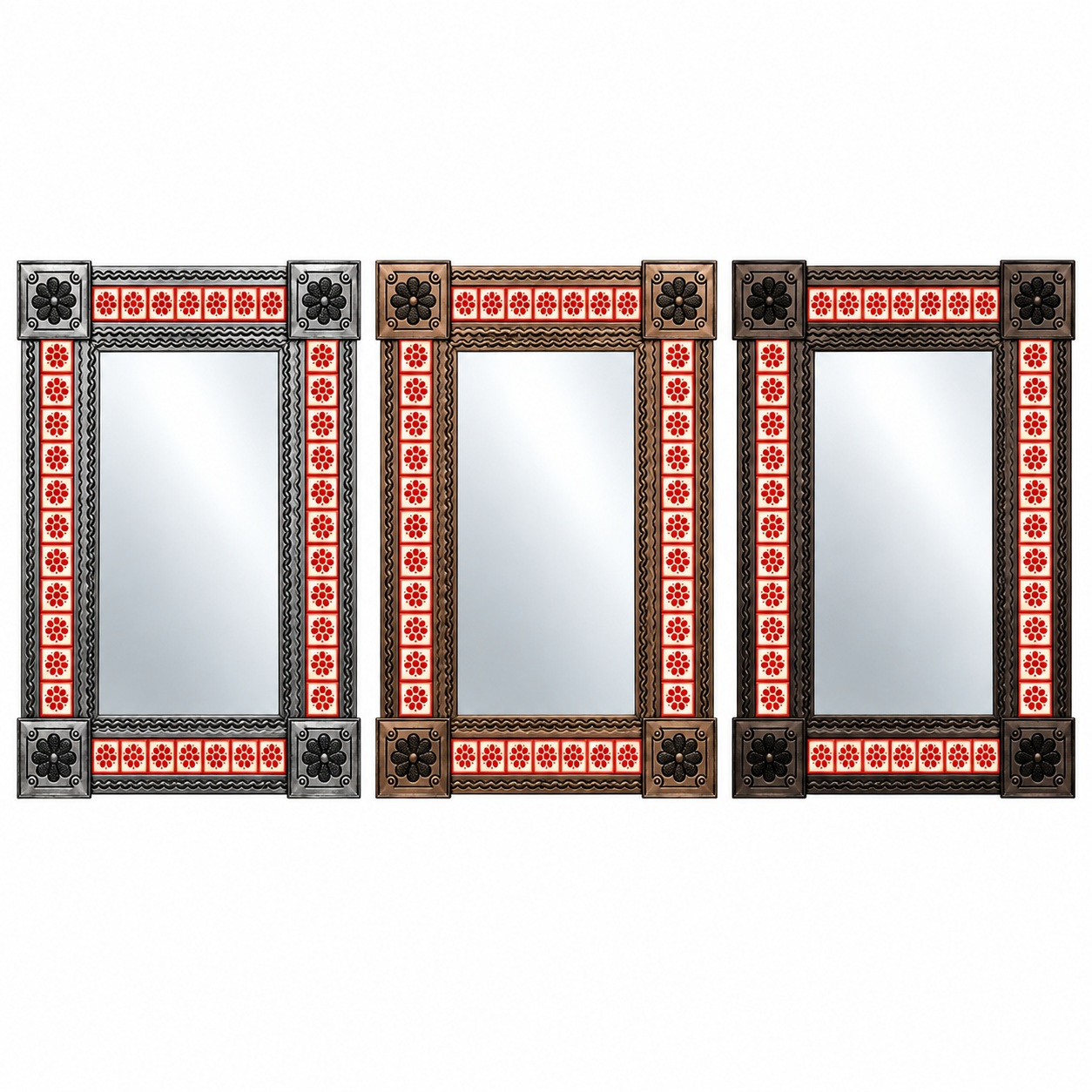 Three Mexican Talavera tile mirrors side-by-side with three metal frame finish options