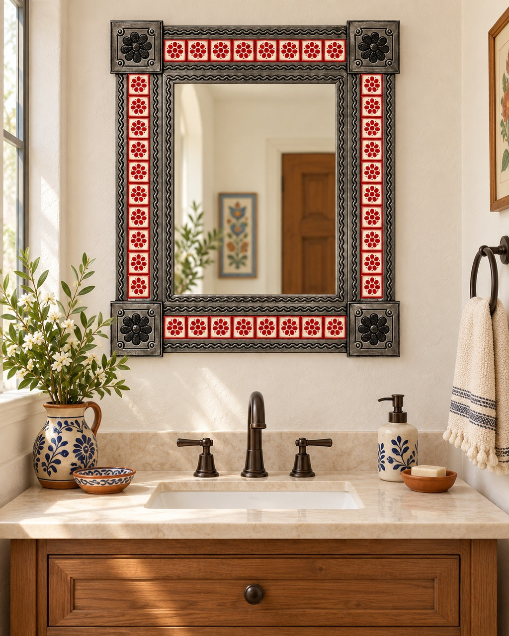 Mexican Talavera tile mirror above a wood vanity in a bright powder room