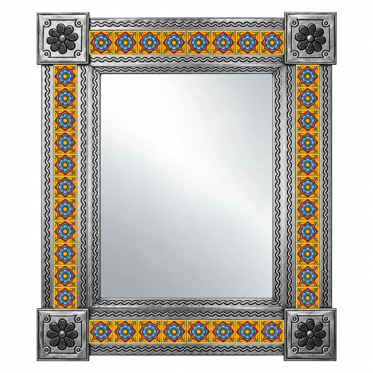 Mexican tin mirror with golden floral Talavera tile frame and embossed floral corner details