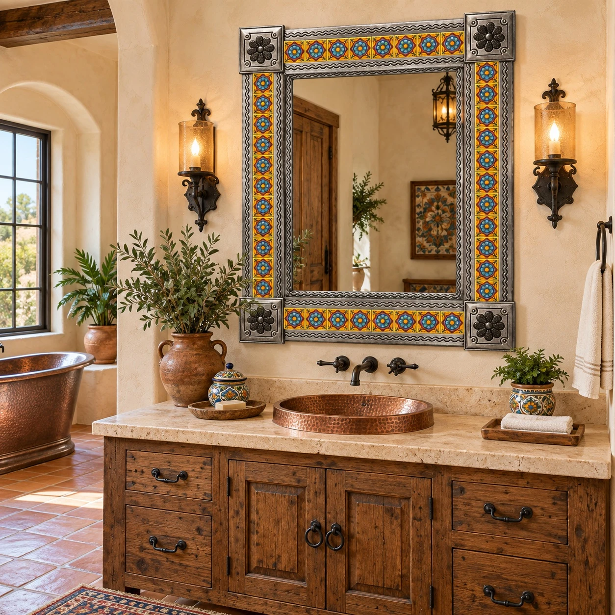 Mexican tin mirror in bright Southwestern bathroom with stucco walls, rustic wood vanity and copper fixtures