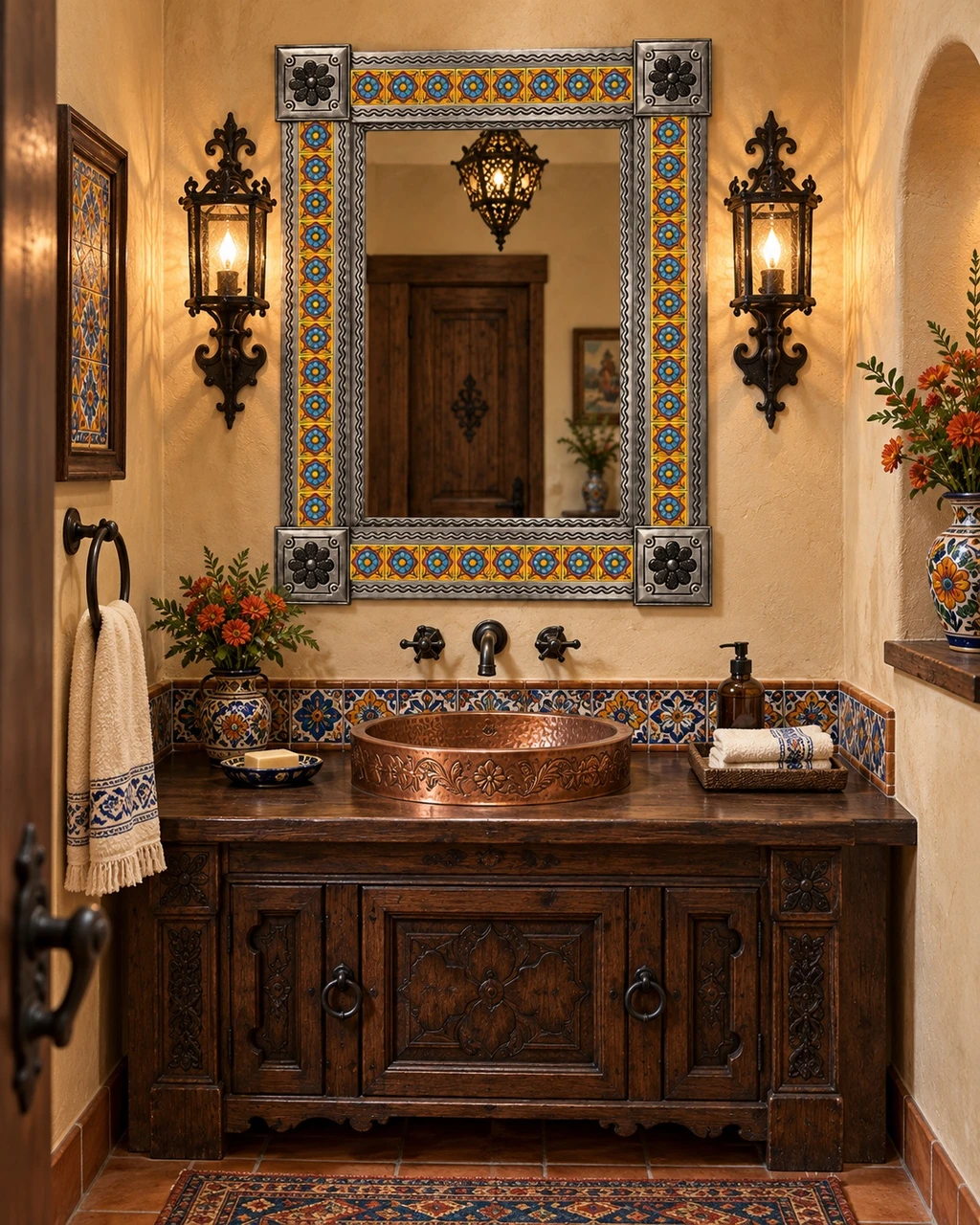 Mexican tin mirror in Spanish Colonial powder room with plaster walls, carved wood vanity and copper sink