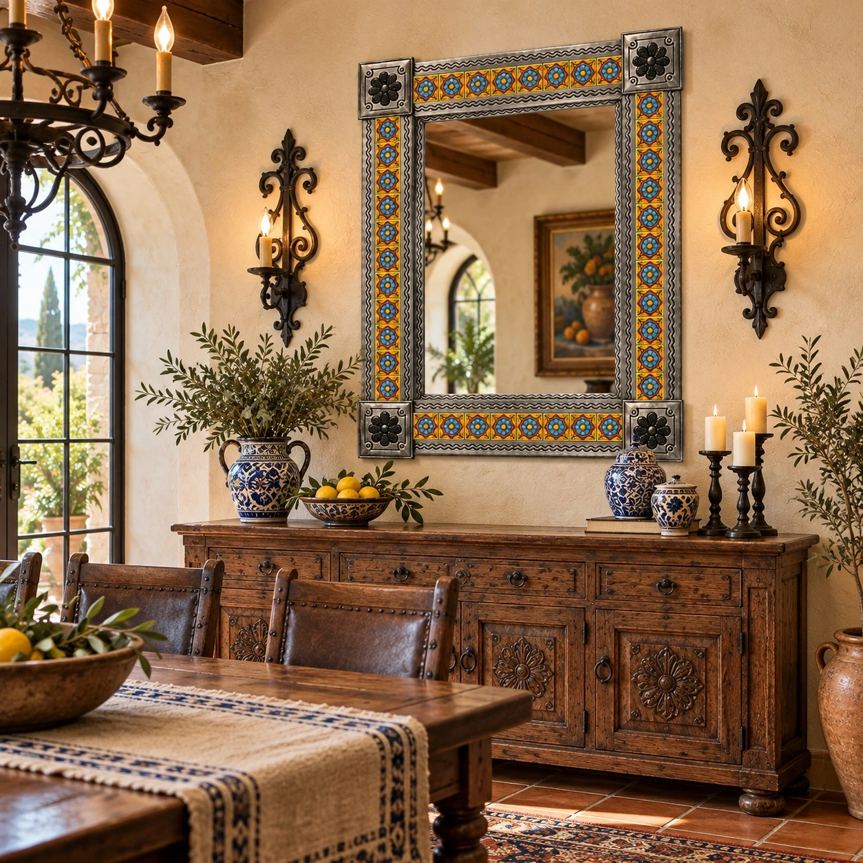 Mexican tin mirror in Mediterranean dining room with cream plaster, aged wood sideboard and blue ceramics