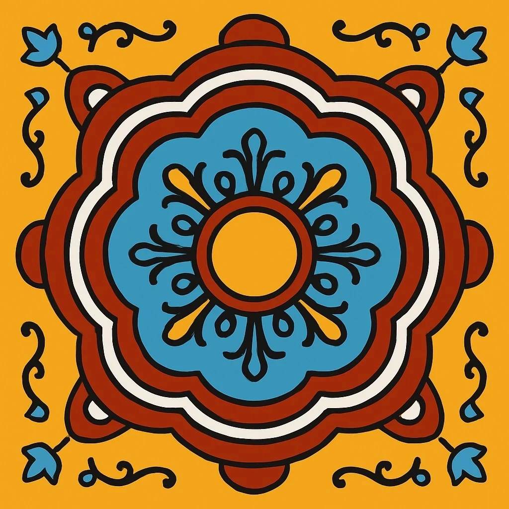 golden floral Talavera tile detail with turquoise and cobalt painted flower design