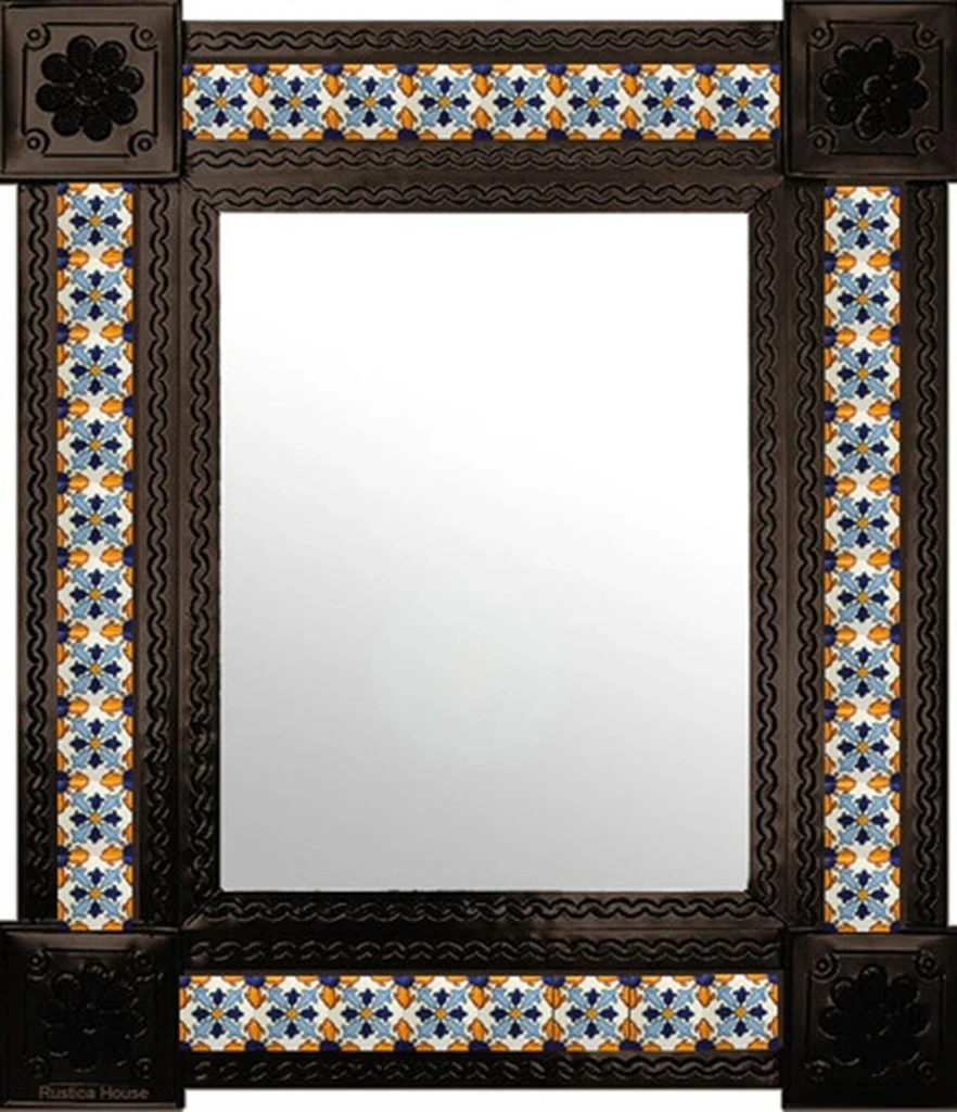 Hacienda style tin mirror with orange talavera tiles and coffee color frame