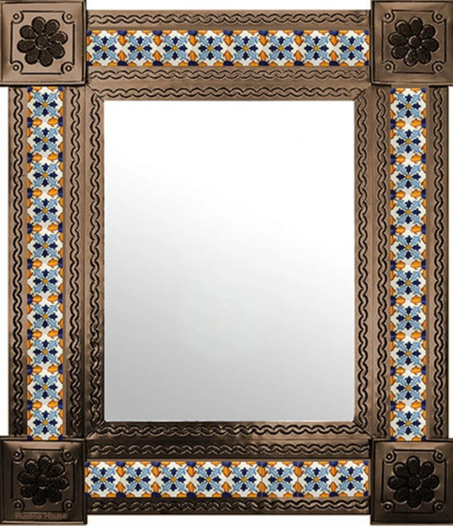 Hacienda style tin mirror with orange talavera tiles and color color frame