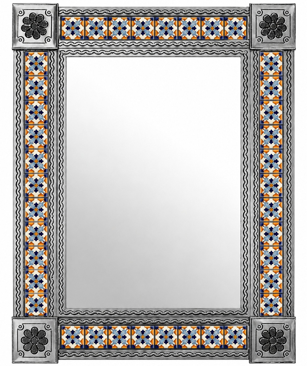 Hacienda style tin mirror with orange talavera tiles and natural color frame