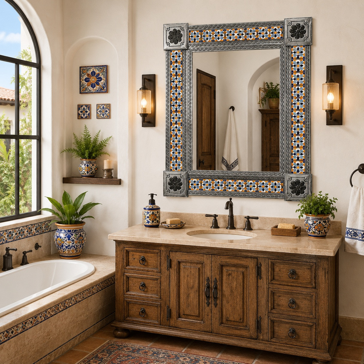 Hacienda style tin mirror with orange talavera tiles in a master bathroom with arched window and rustic vanity
