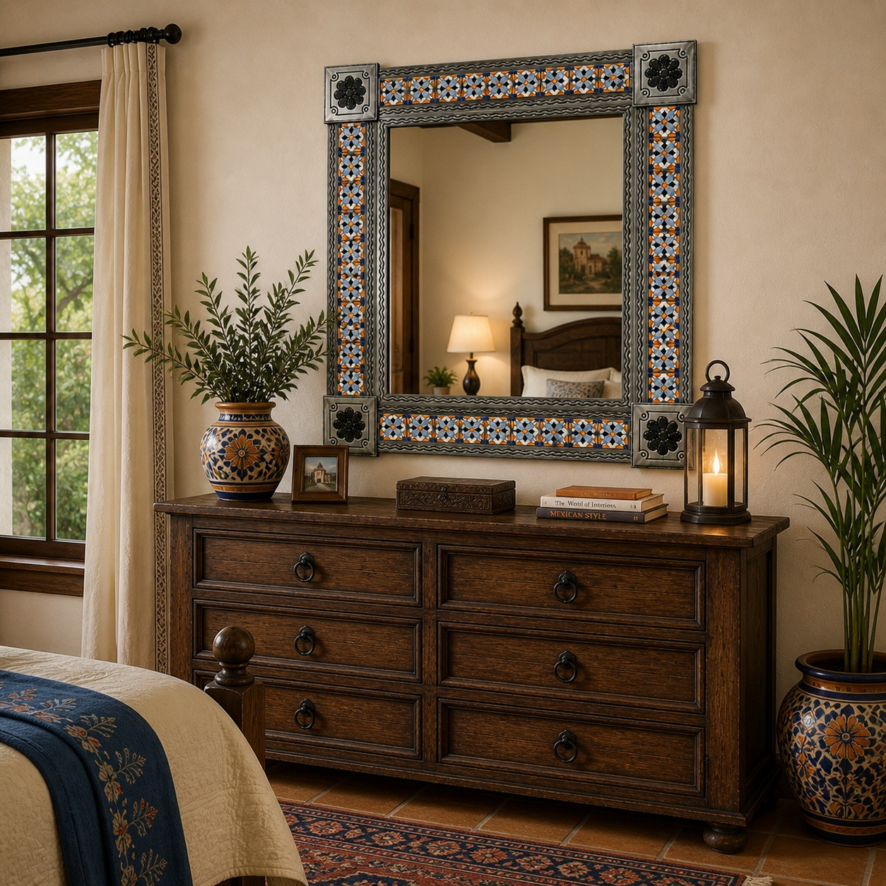 Hacienda style tin mirror with orange talavera tiles above wooden dresser in a rustic mediterranean bedroom