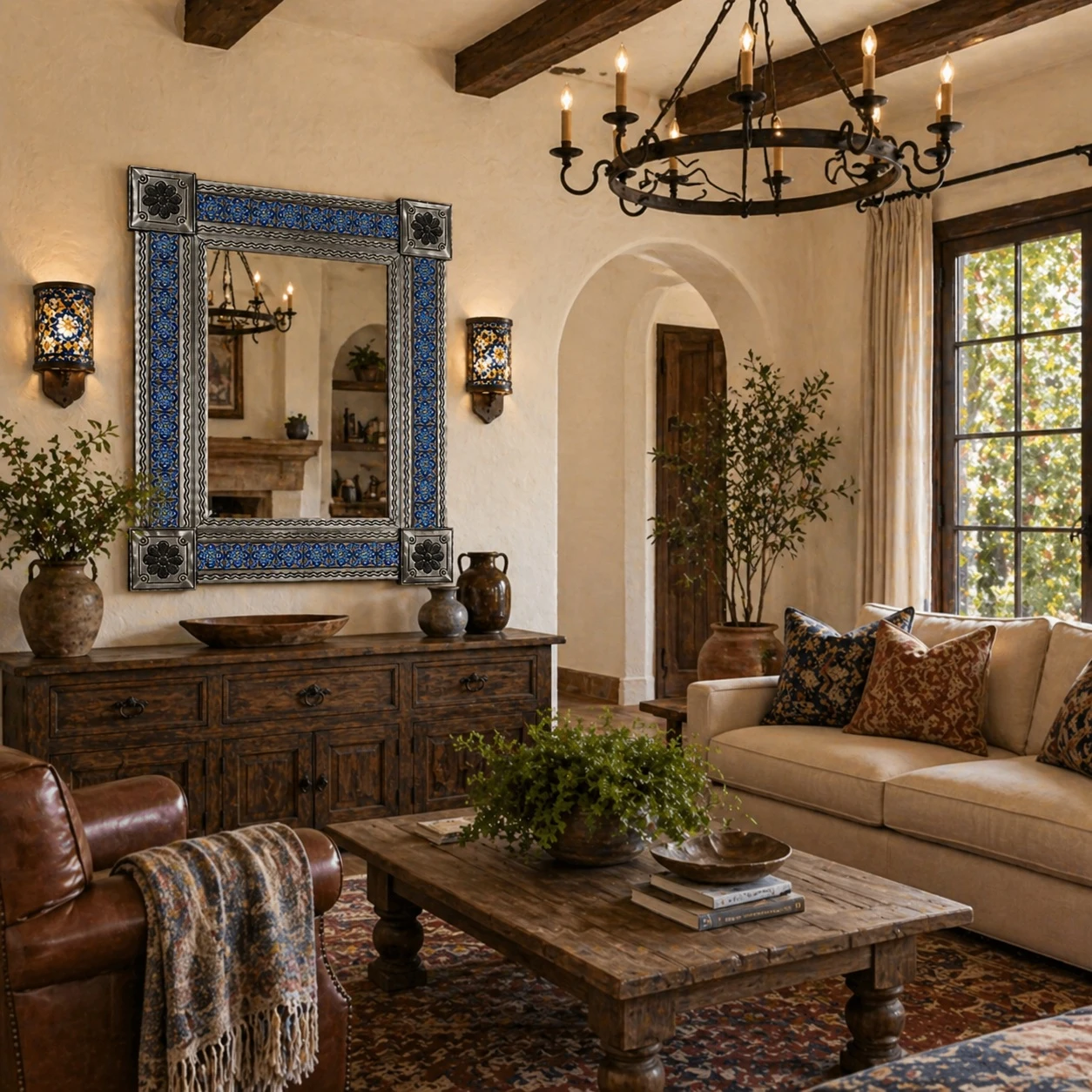 Mexican metal frame tile mirror Spanish Colonial Talavera pattern in rustic transitional great room with forged iron chandelier and off white walls