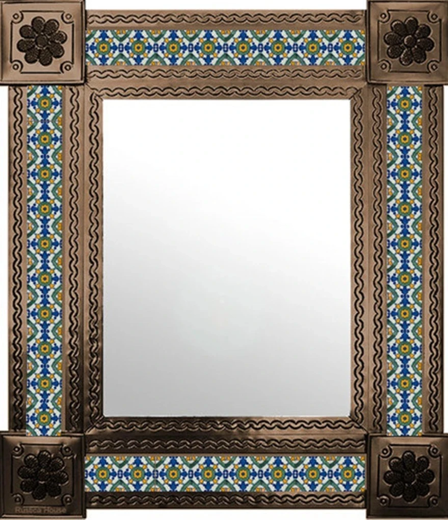 Mexican tile mirror with blue Moorish pattern and copper finish metal frame