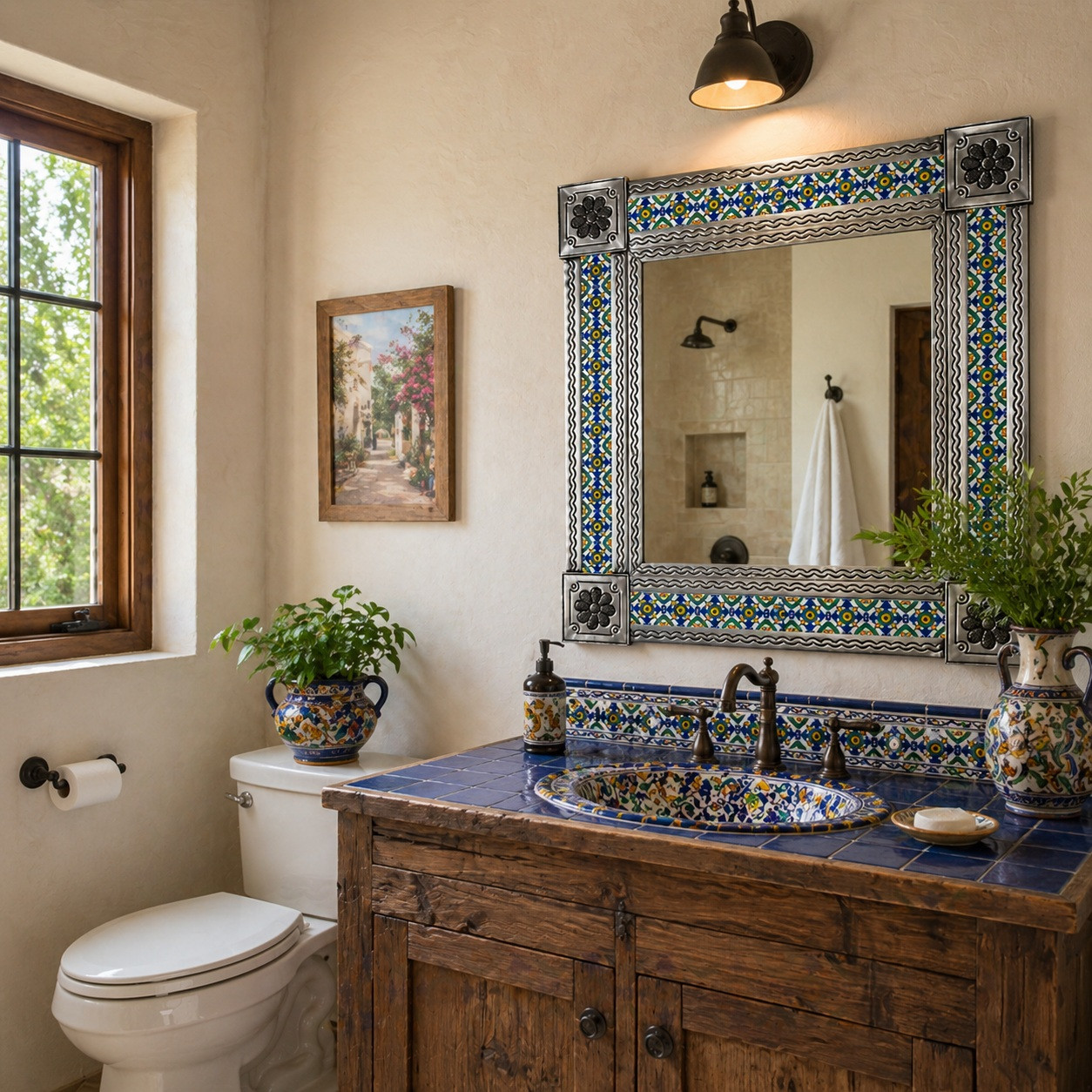 Mexican Metal Frame Tile Mirror Blue Floral Pattern above rustic bathroom vanity with window and Talavera sink