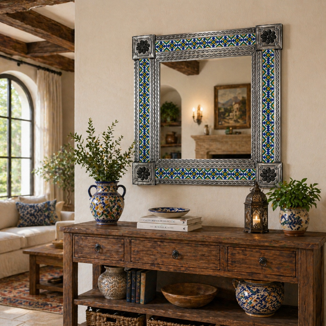 Mexican Metal Frame Tile Mirror Blue Floral Pattern on living room wall above wooden console with decor