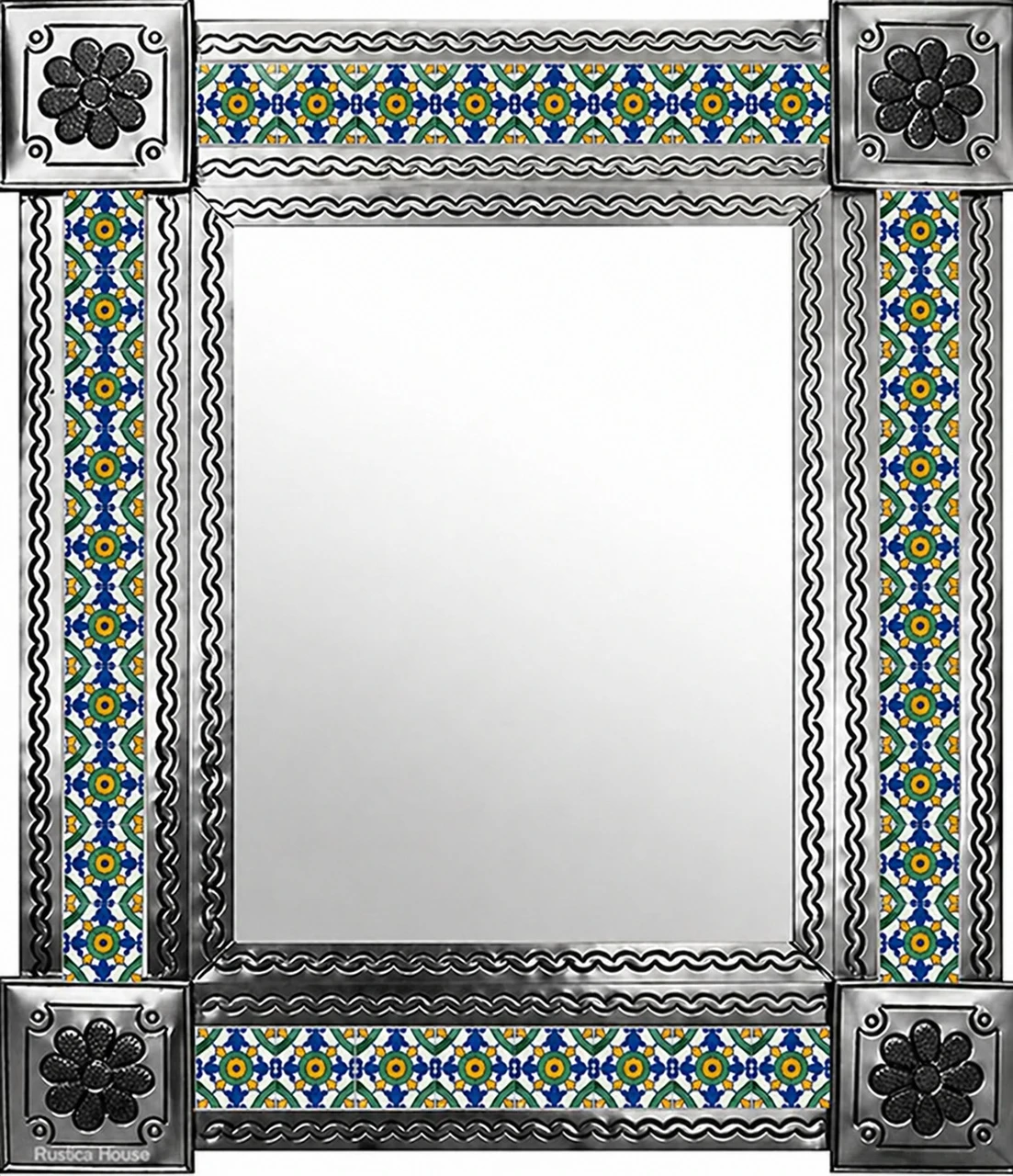 Mexican tile mirror with blue Moorish pattern and natural finish metal frame