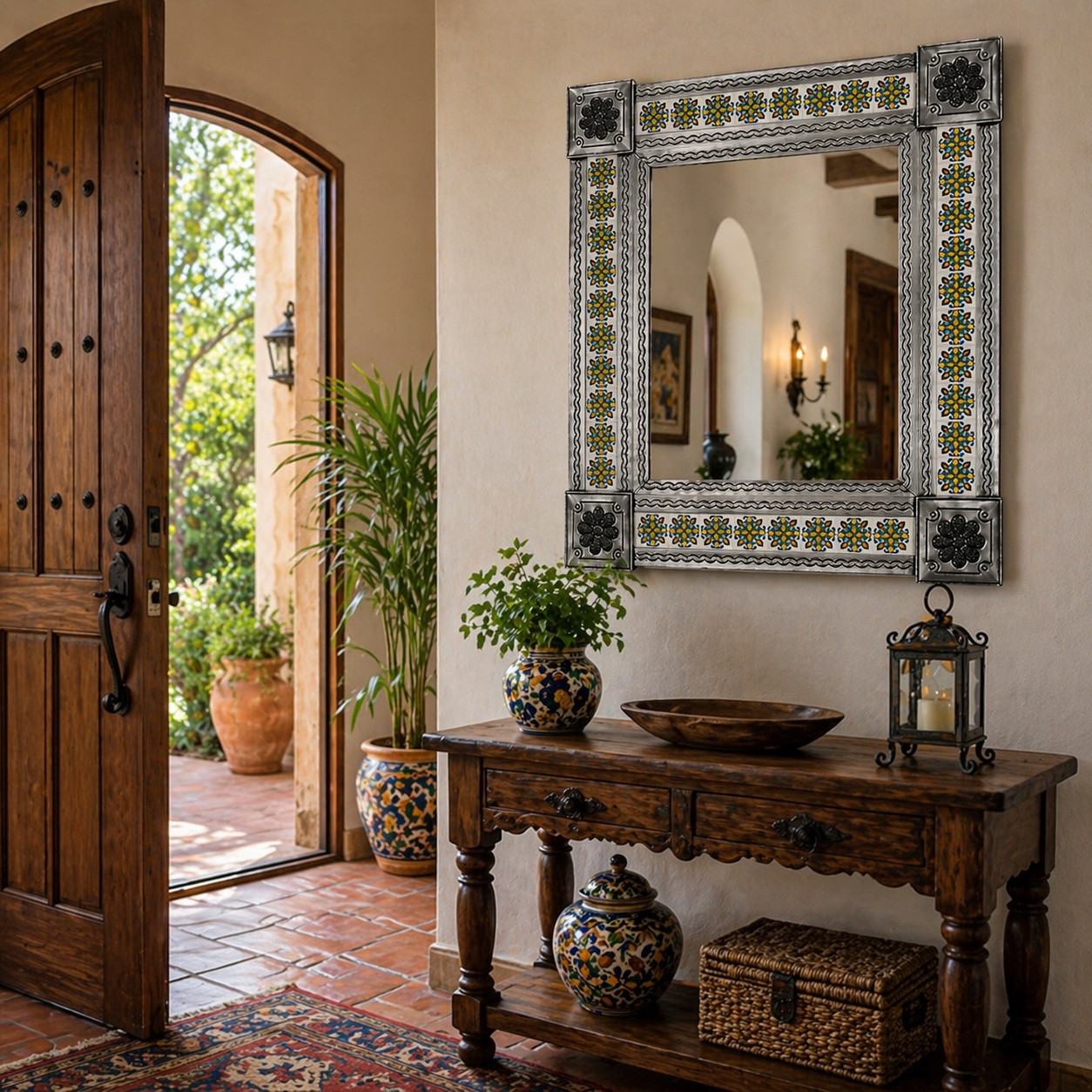 Blue Yellow Talavera Tile Mirror Metal Frame