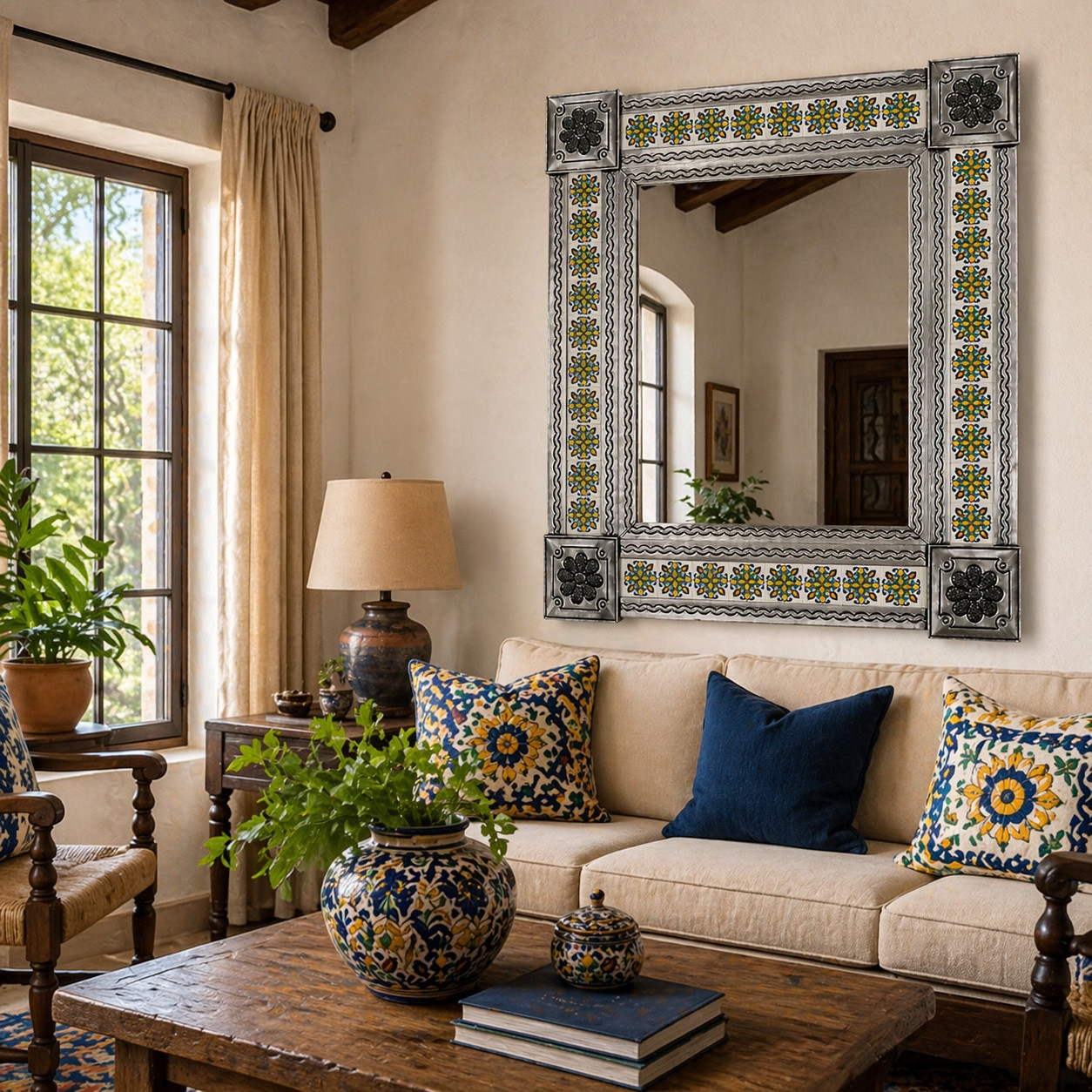 Blue Yellow Talavera Tile Mirror Metal Frame