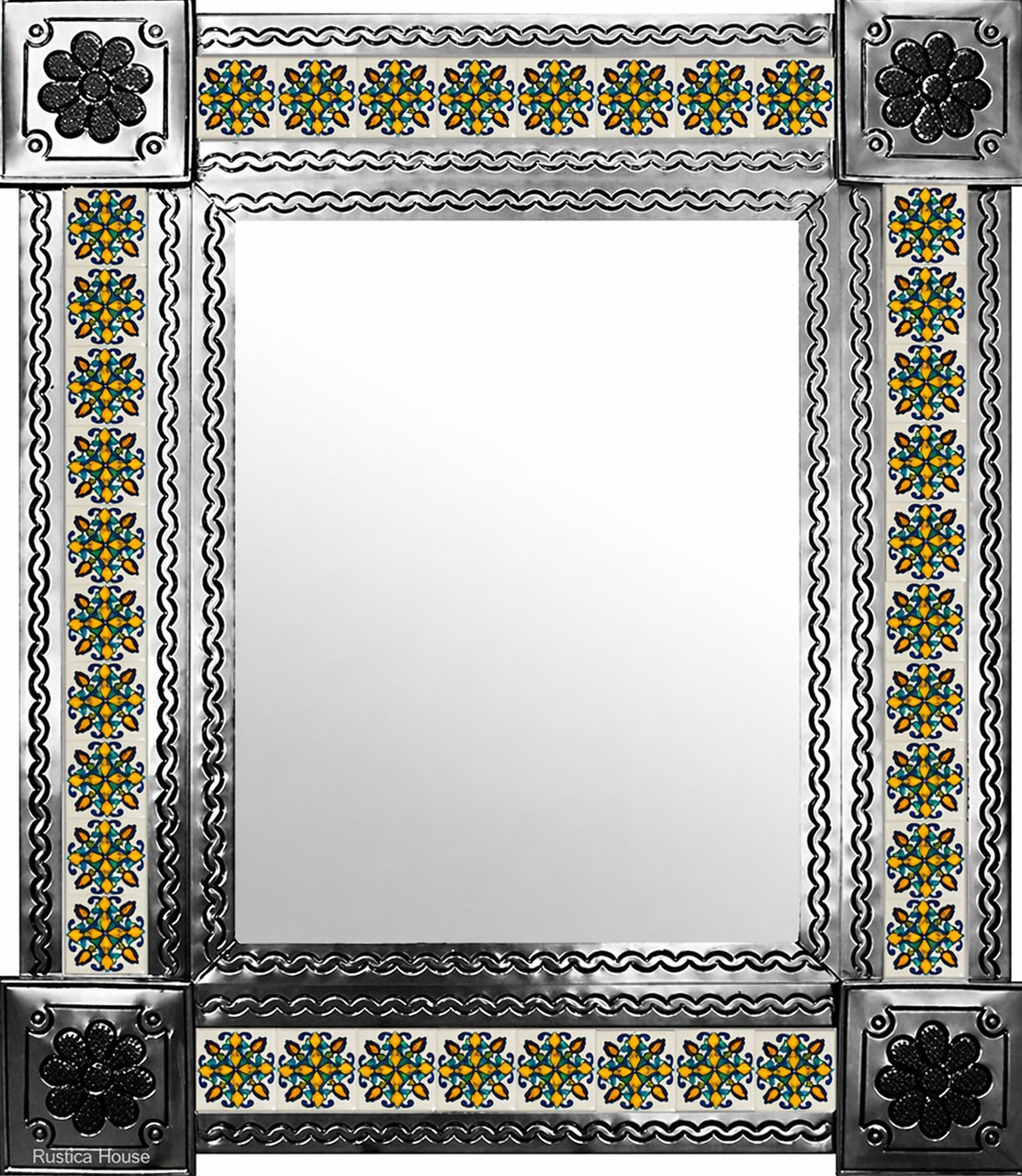 Blue Yellow Talavera Tile Mirror Metal Frame