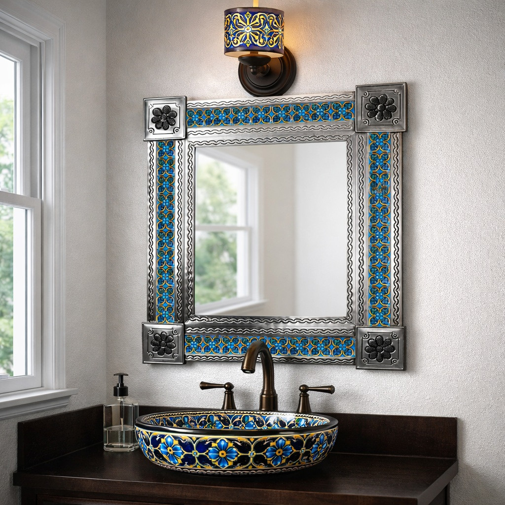 Mexican Metal Frame Tile Mirror Blue Floral Pattern above Talavera sink with bronze faucet in bright bathroom