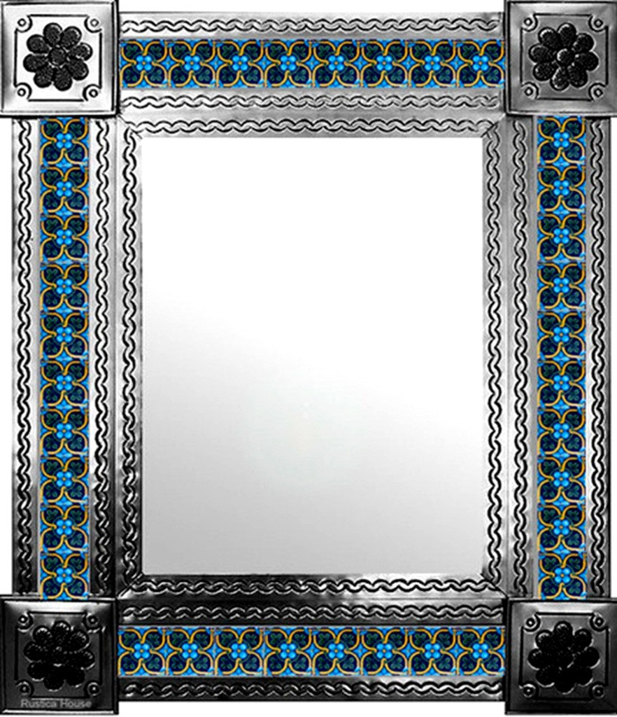 Mexican natural metal frame tile mirror with blue floral pattern