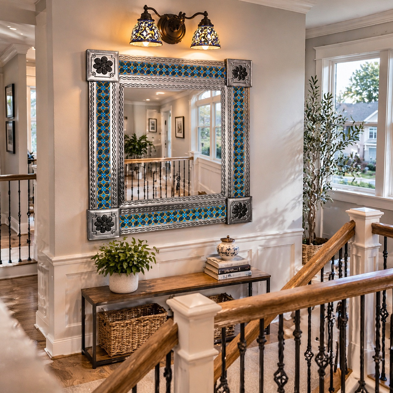 Mexican Metal Frame Tile Mirror Blue Floral Pattern on second floor stair landing above wood console table