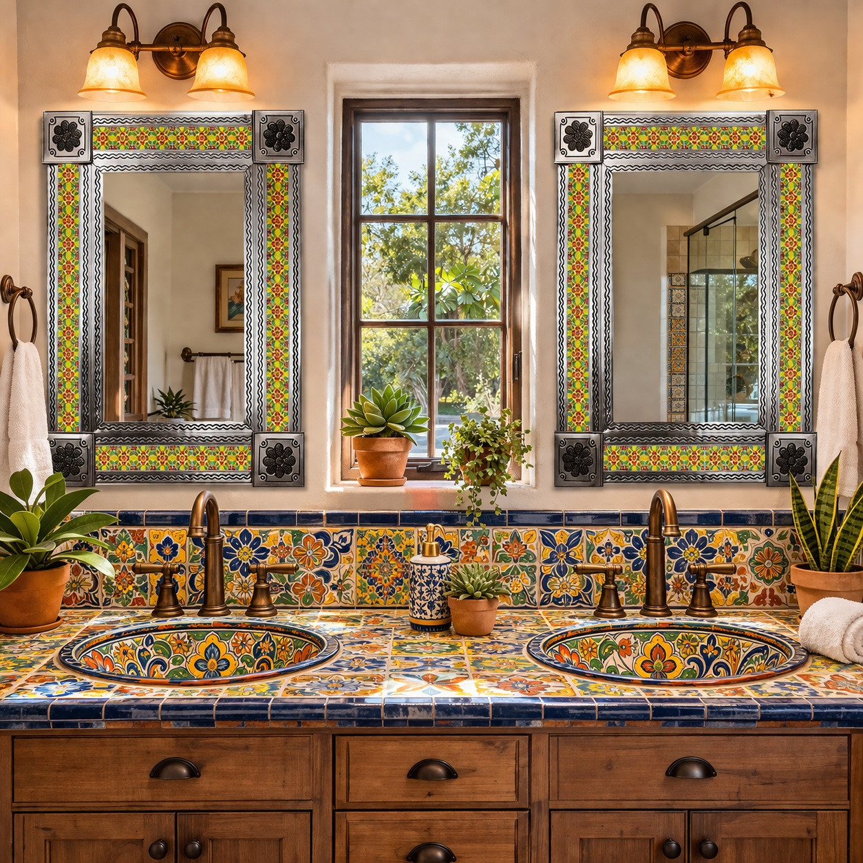 Blue Yellow Talavera Tile Mirror with floral geometric pattern and metal frame in colorful Talavera bathroom with window and plants