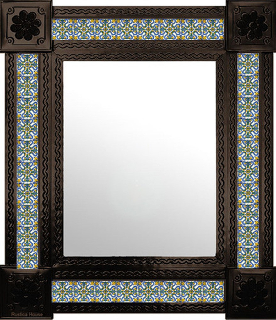 Rectangular Mexican Talavera tile mirror with blue yellow floral pattern and coffee punched metal frame