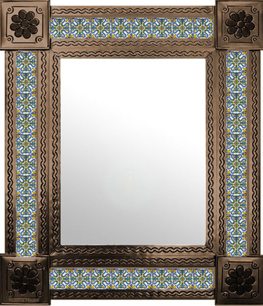 Rectangular Mexican Talavera tile mirror with blue yellow floral pattern and copper color punched metal frame