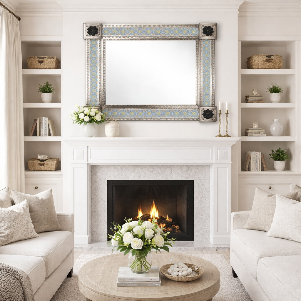 Rectangular Mexican Talavera tile mirror with blue yellow floral pattern centered above a fireplace in a neutral family room