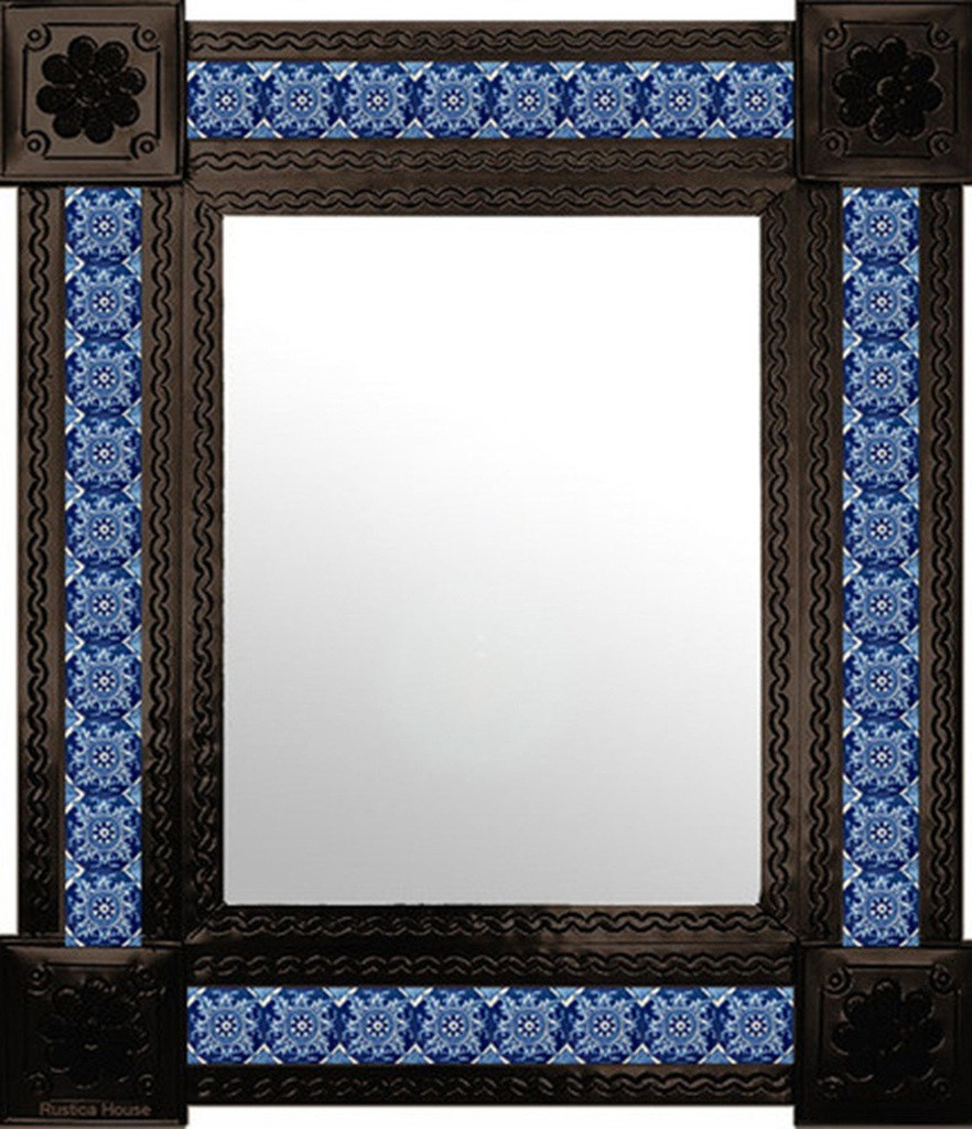 Rectangular Talavera tile mirror with blue white floral pattern and coffee color frame, ceramic tile border around central glass panel