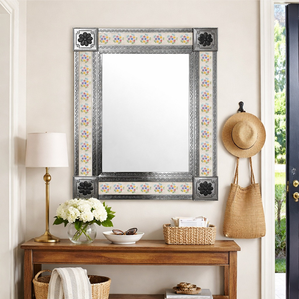 Talavera tile mirror with handcrafted metal frame and floral border in a house entry