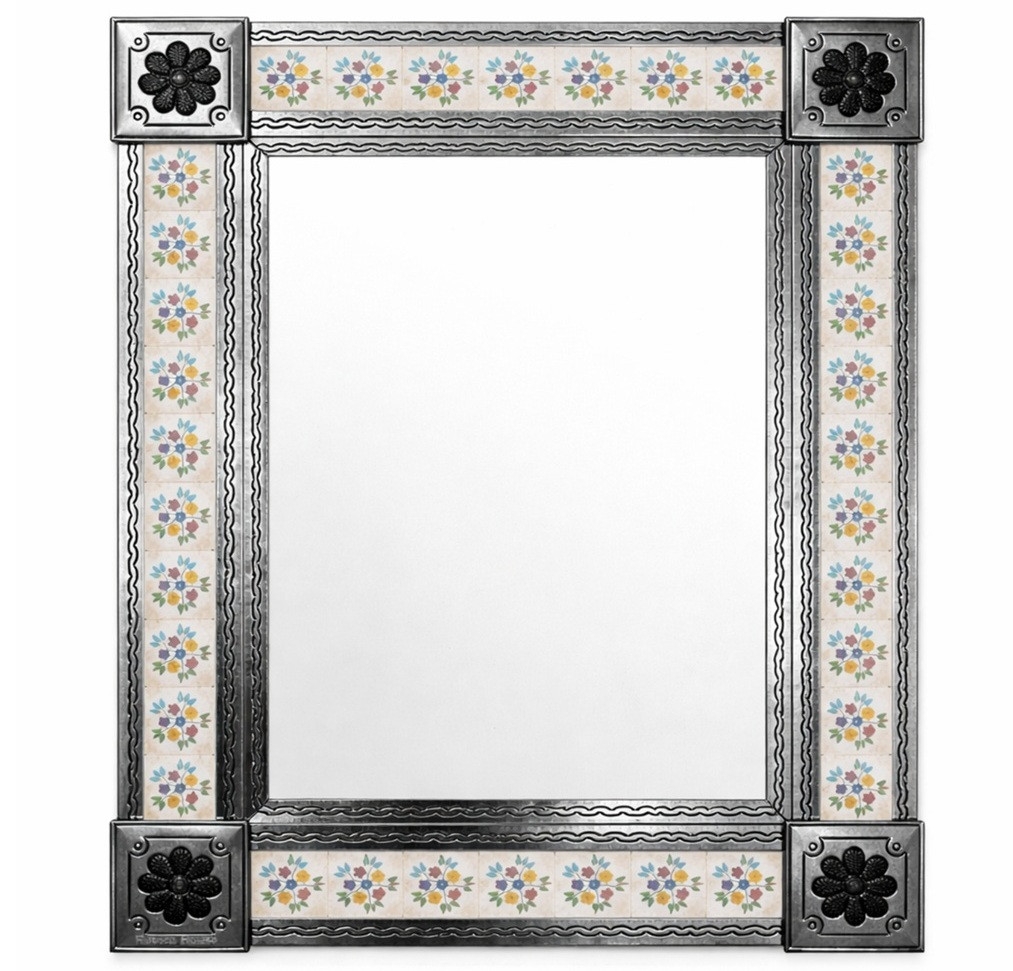 Talavera tile mirror with handcrafted metal frame and floral border 