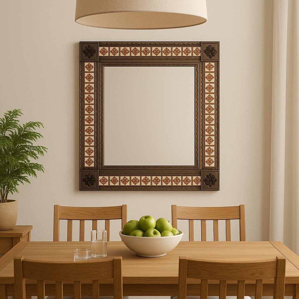 Tin mirror with red floral Talavera tile border in a dining room setting