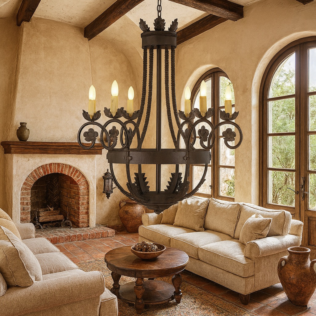 Vintage wrought iron chandelier in great room