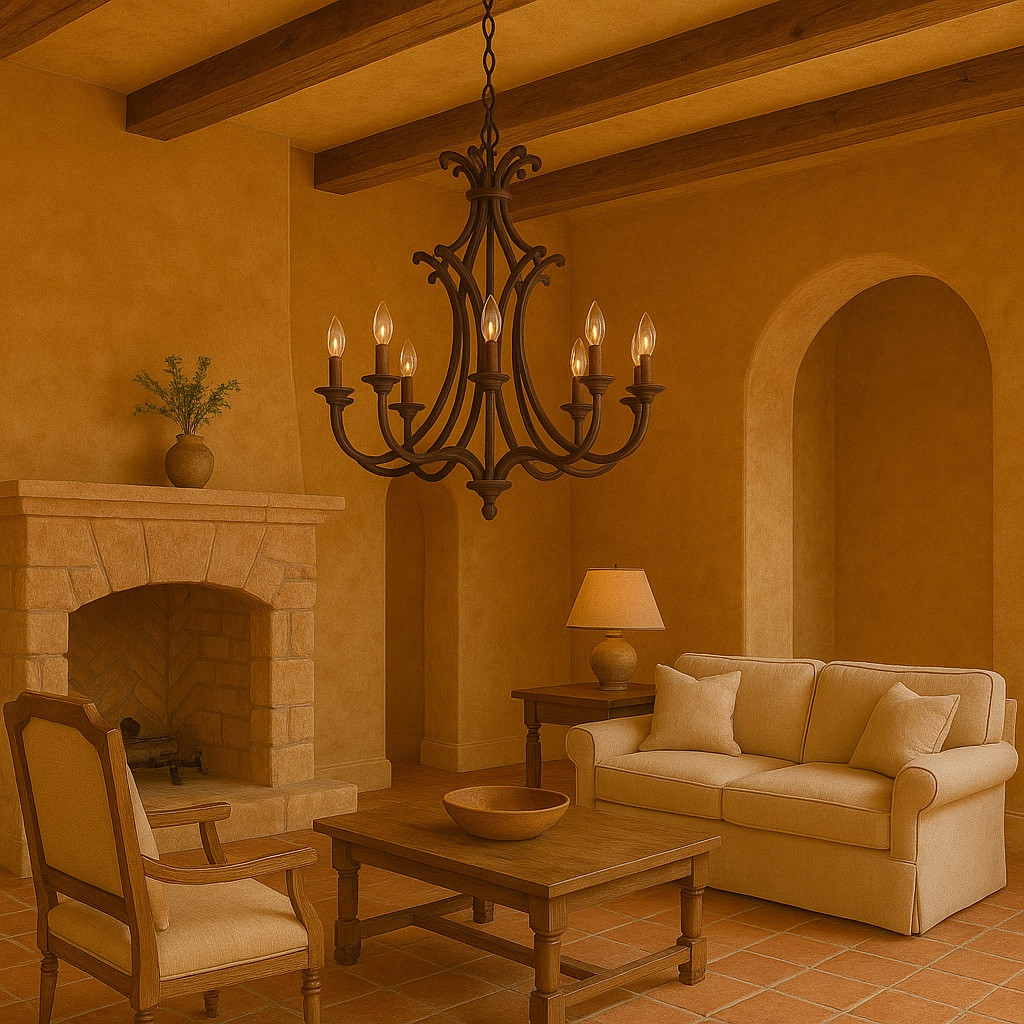Southwestern iron chandelier featured in a Tuscan villa with rustic wood beams and iron-accented furniture in Mediterranean style