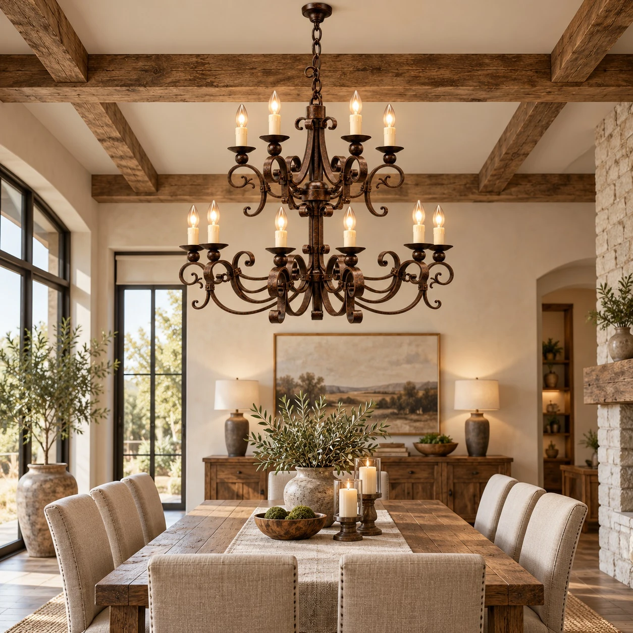 Spanish style wrought iron chandelier in a warm rustic dining room with wood accents