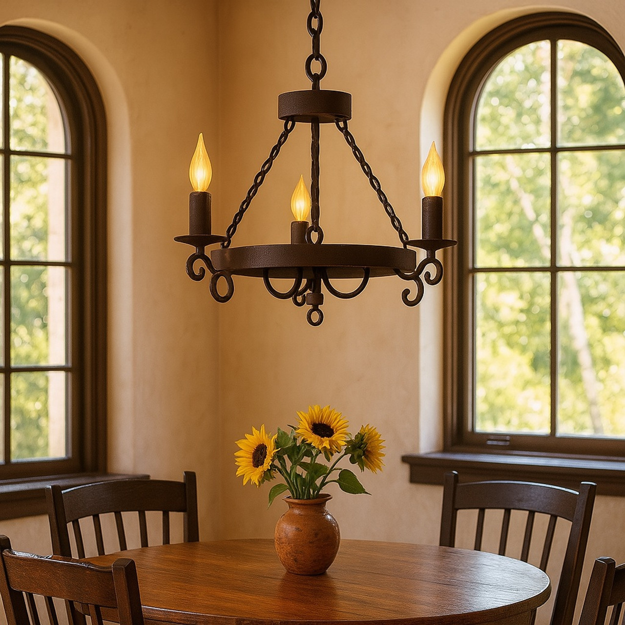 Iron chandelier in breakfast nook