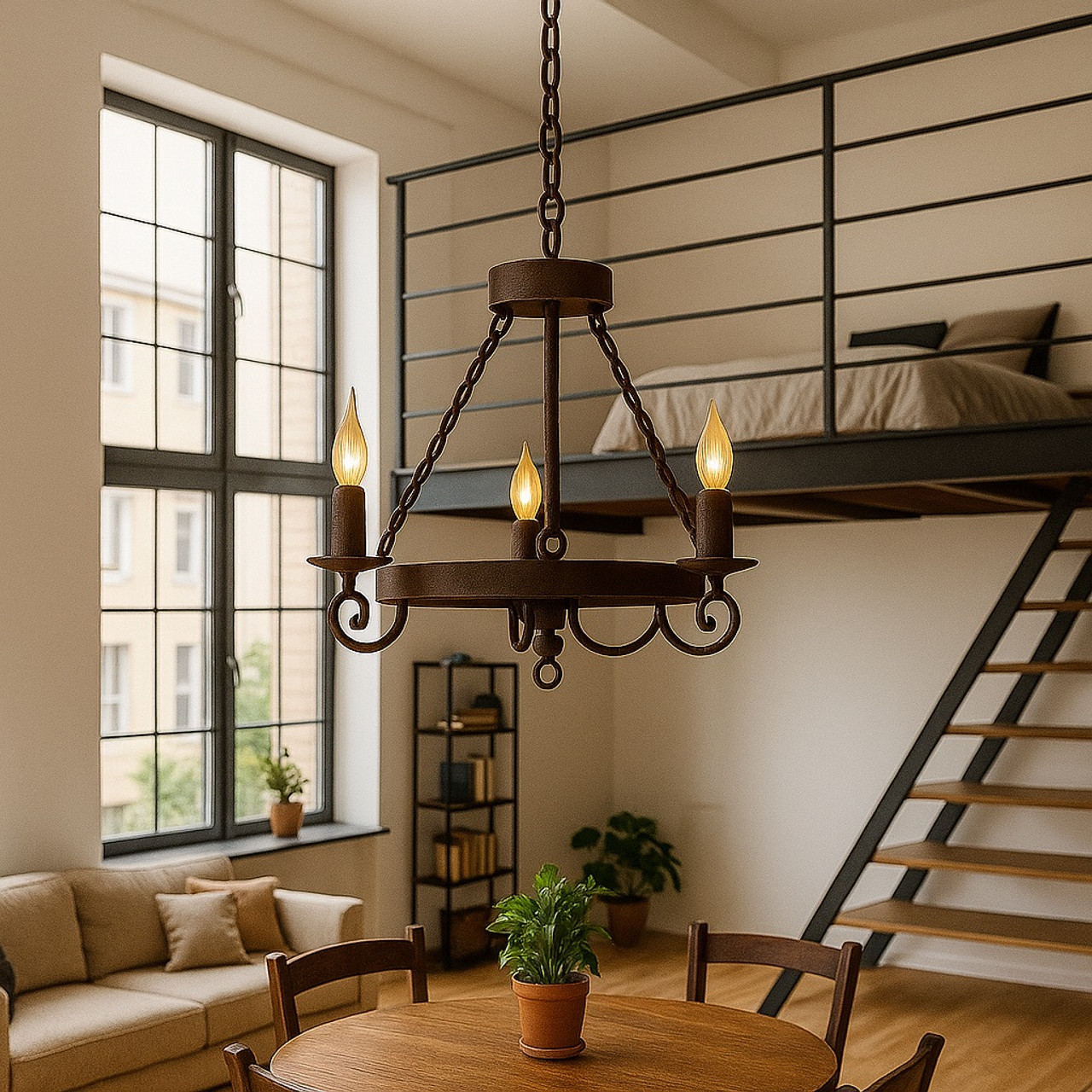 Iron chandelier in split-level loft
