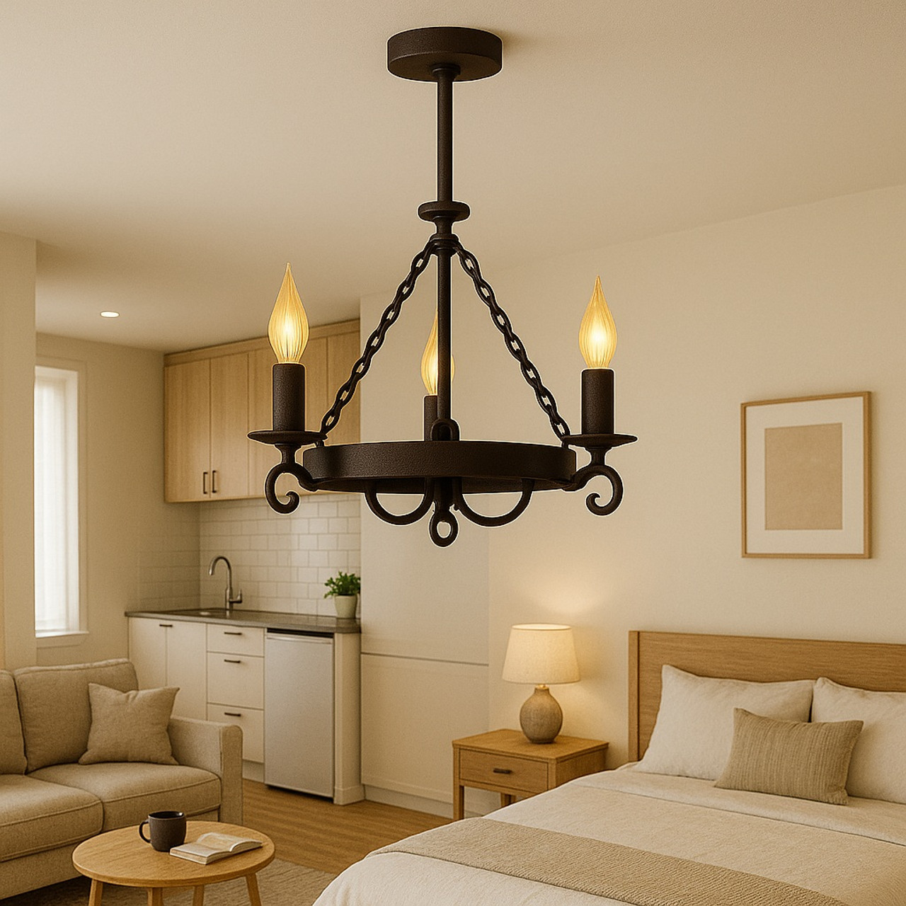 Wrought iron chandelier in a small bedroom above bed with soft linens, wood headboard, and nightstand.