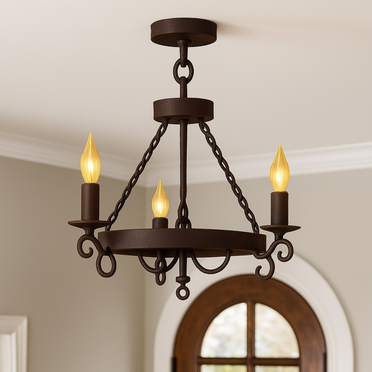Iron chandelier in suburban foyer