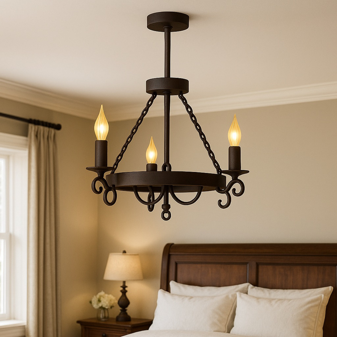 Iron chandelier in traditional bedroom