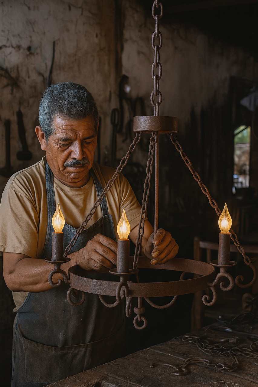 Iron chandelier in artisan workshop