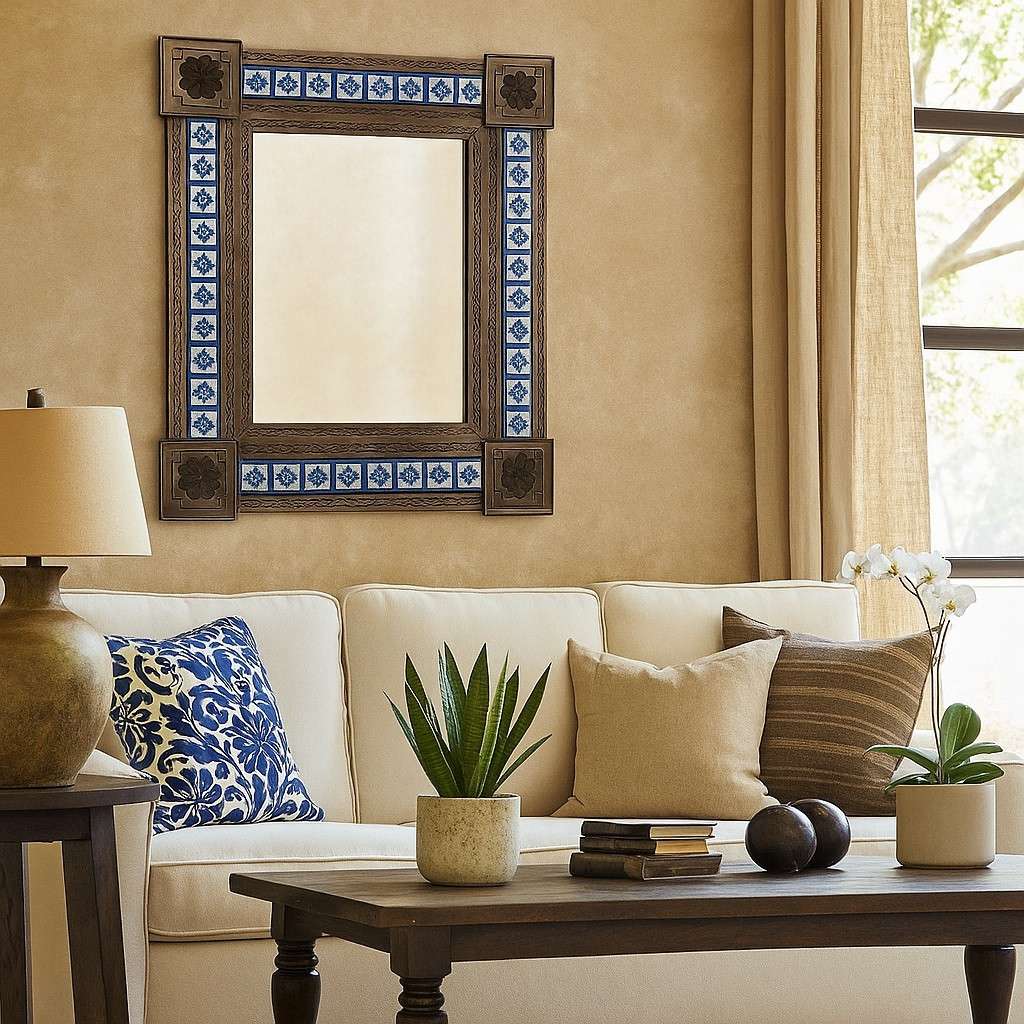 Tin tile mirror with blue Talavera accents on a wall of the living room above a sofa