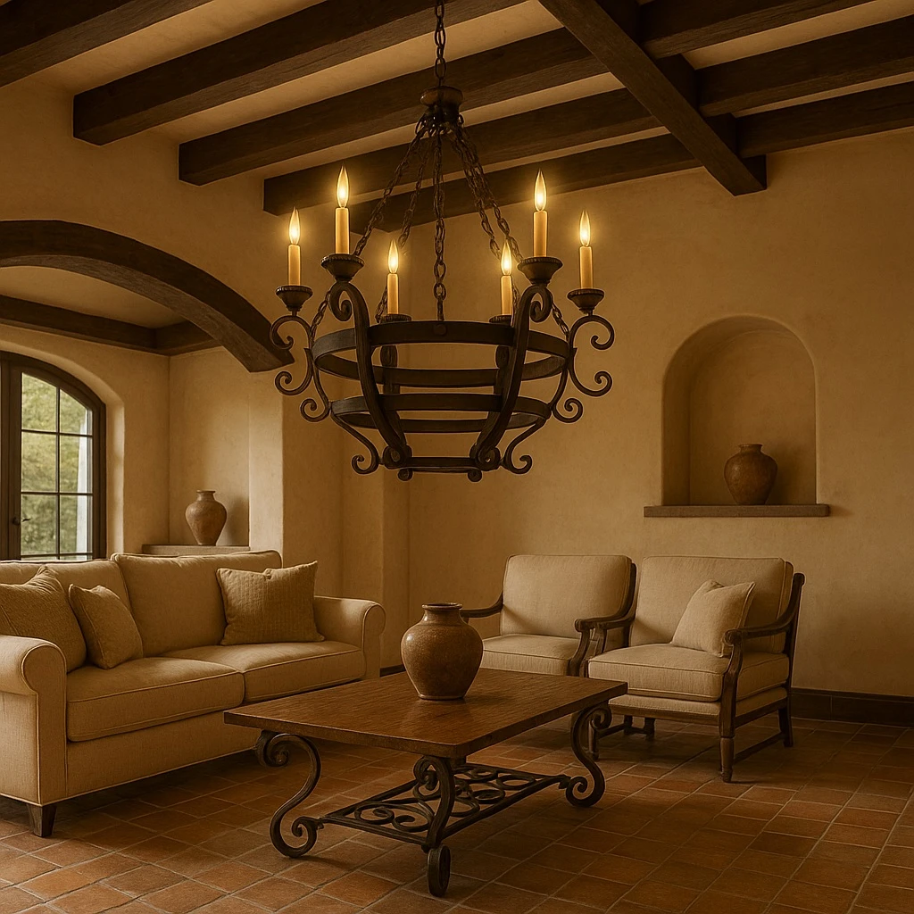 Hacienda style iron chandelier in California living room with Spanish flair, plaster walls, warm wood, iron accents