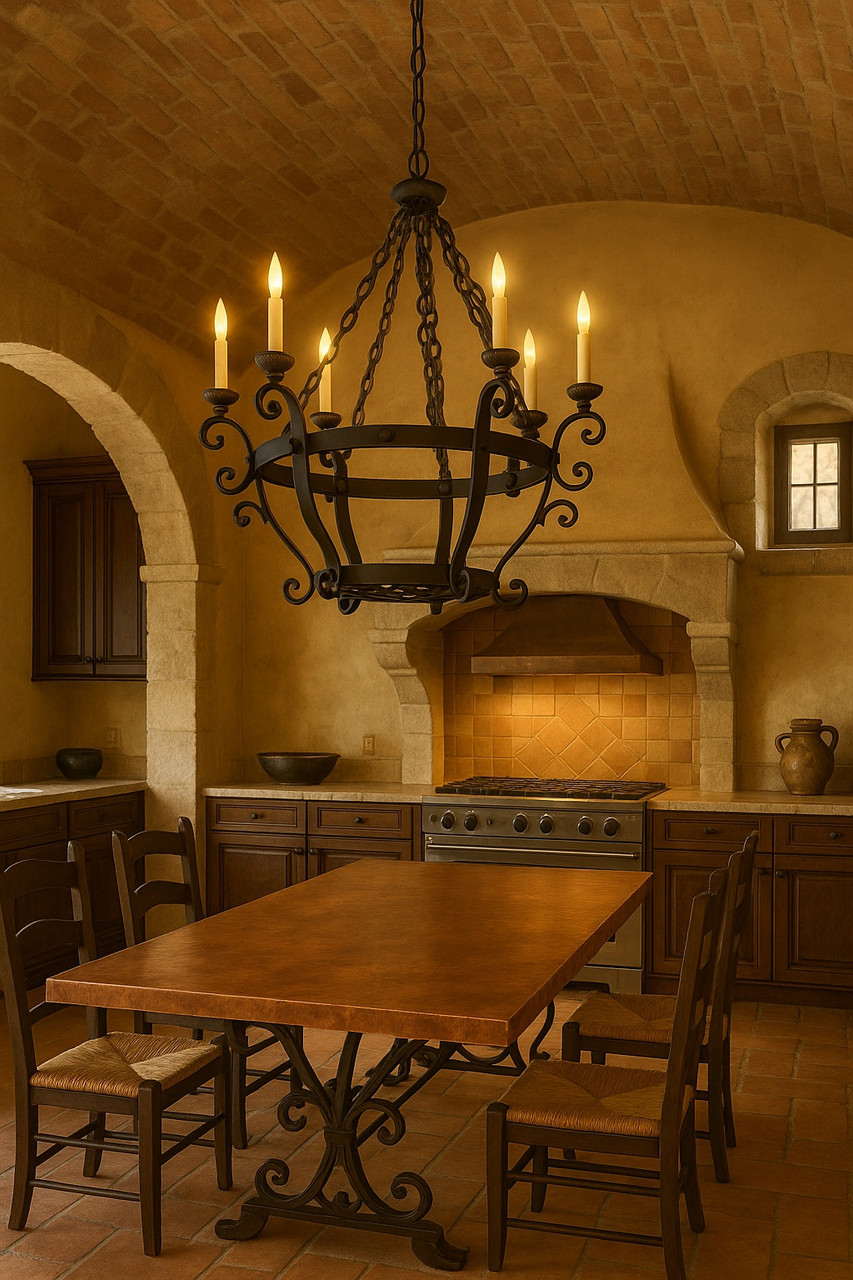 Hacienda style iron chandelier with candle lights in Tuscan kitchen with stone backsplash and wood beams