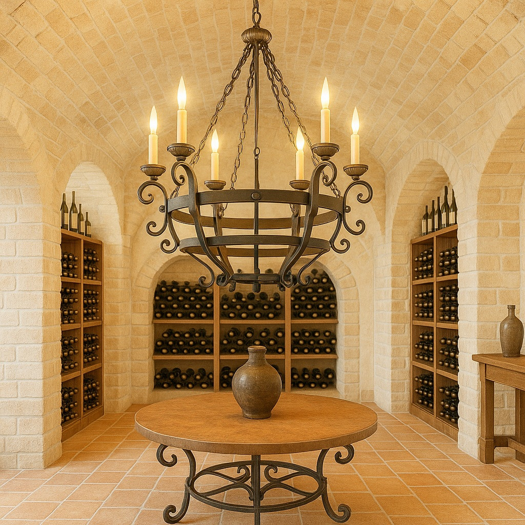 Spanish style forged iron chandelier in a wine cellar