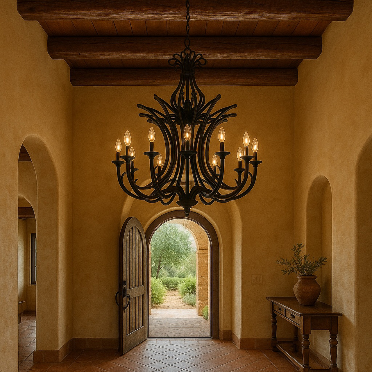 European Revival Iron Chandelier in foyer