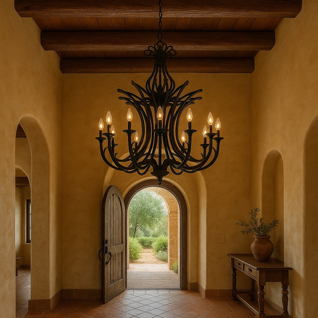 European revival iron chandelier in Southwestern style foyer with high ceiling and wood beams