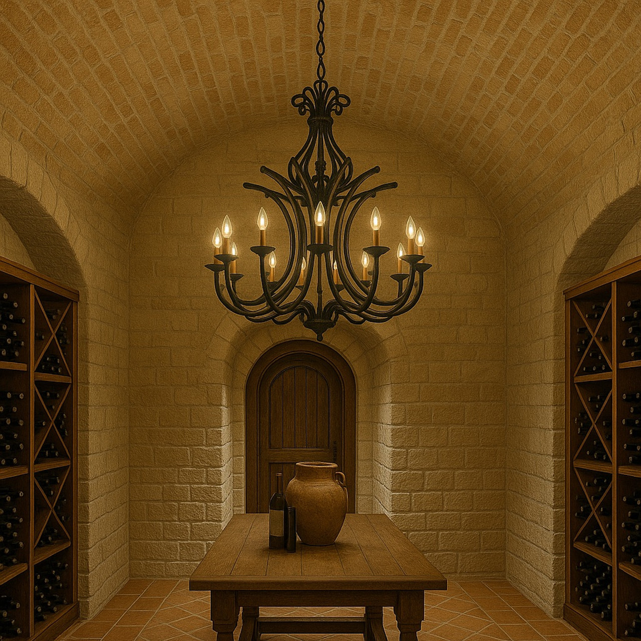 European Revival Iron Chandelier in wine cellar