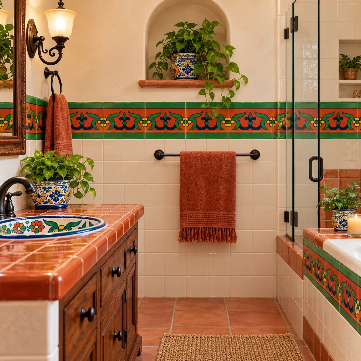 Mexican talavera tile green border accenting a classic Spanish bathroom with rich color