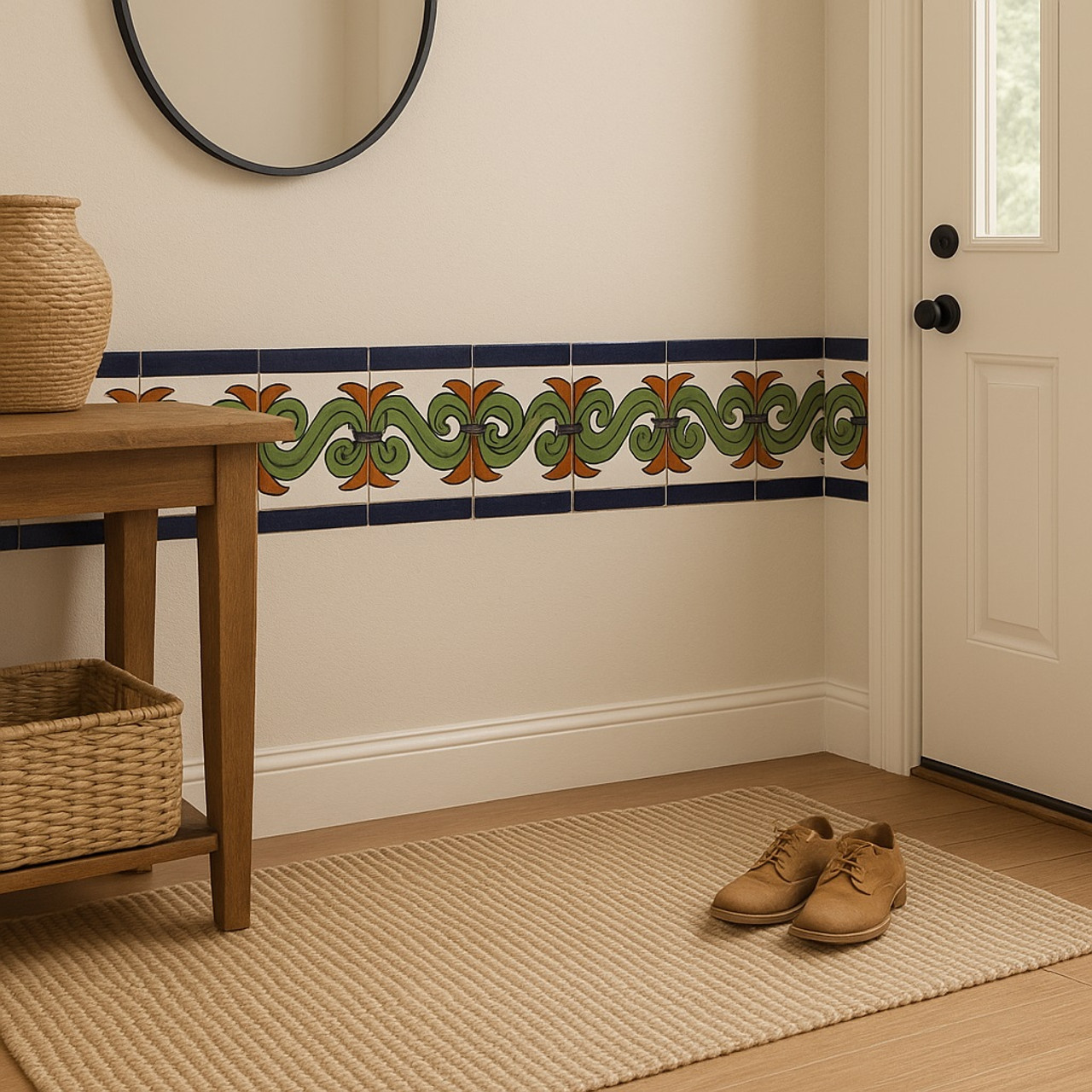 Mexican talavera green scroll border tile design framing a classic entryway with terracotta, cobalt, and green hand-painted borders