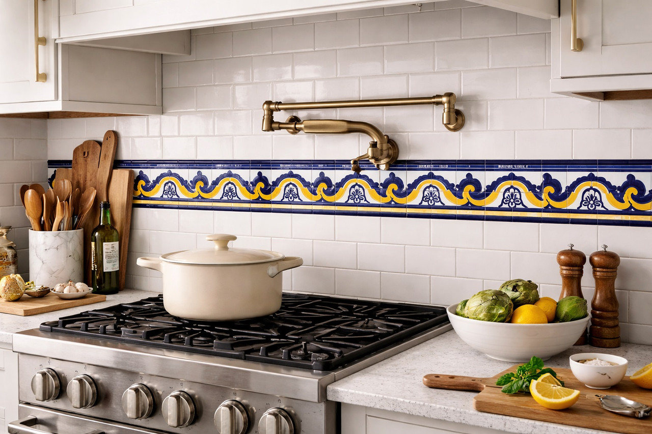 Talavera tile cobalt arch border with yellow accent installed as a kitchen backsplash trim adding definition